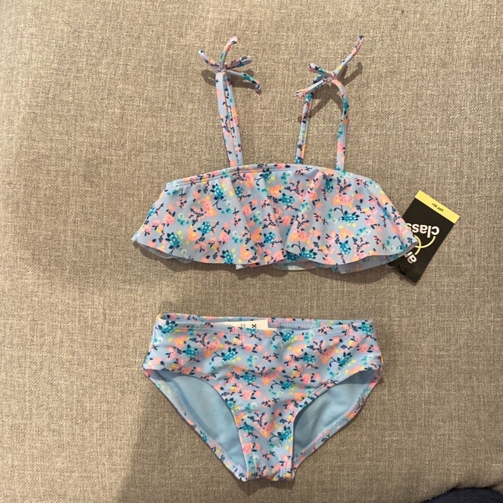 NEW Art Class Little Kid Girl’s Floral Sky Blue 2pc. Swimsuit, Size XS (4/5)